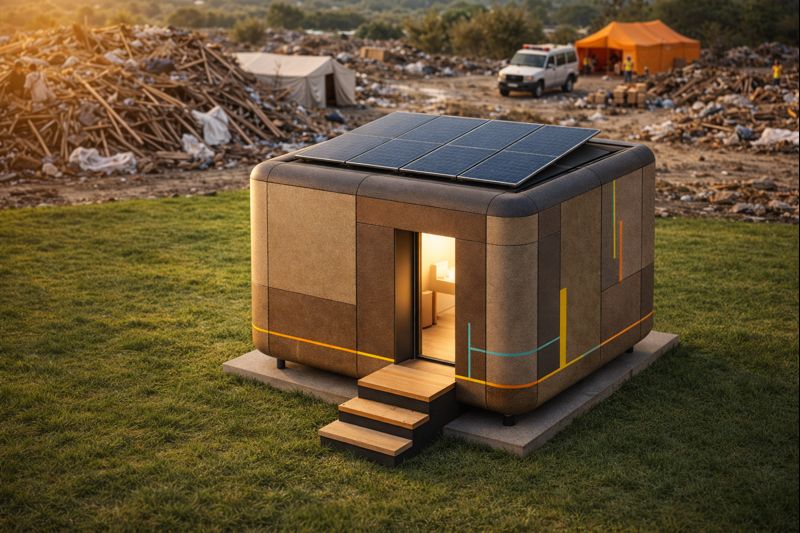 The Cube being deployed in a disaster zone as emergency education facility