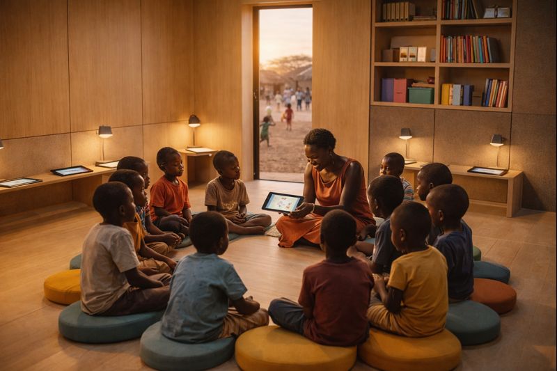 The Cube deployed in a remote rural village with children arriving for class