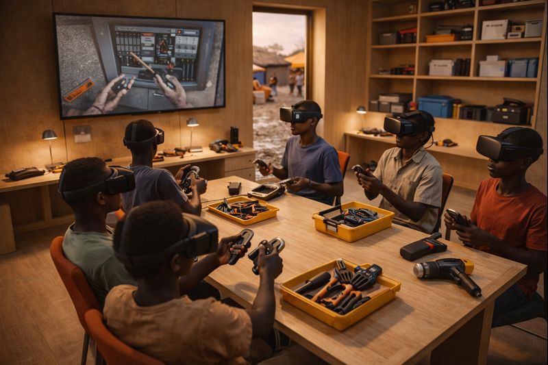 Adults receiving vocational training inside The Cube with digital learning tools