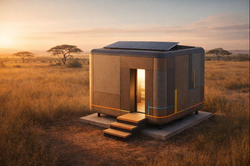 The Cube modular learning pod exterior showing solar panels and modern design in a rural setting